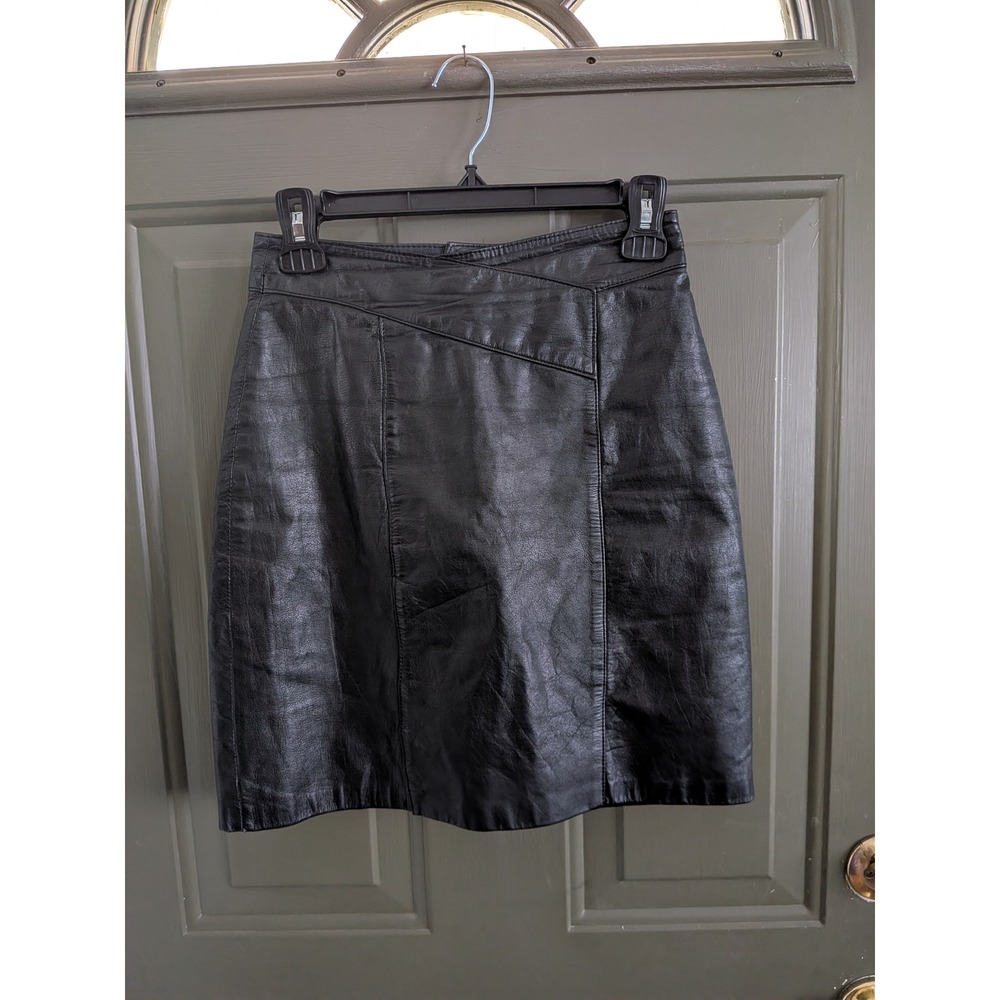 80s Vintage Out Of Bounds Black Crossover‎ Leather Mini Skirt 7/8